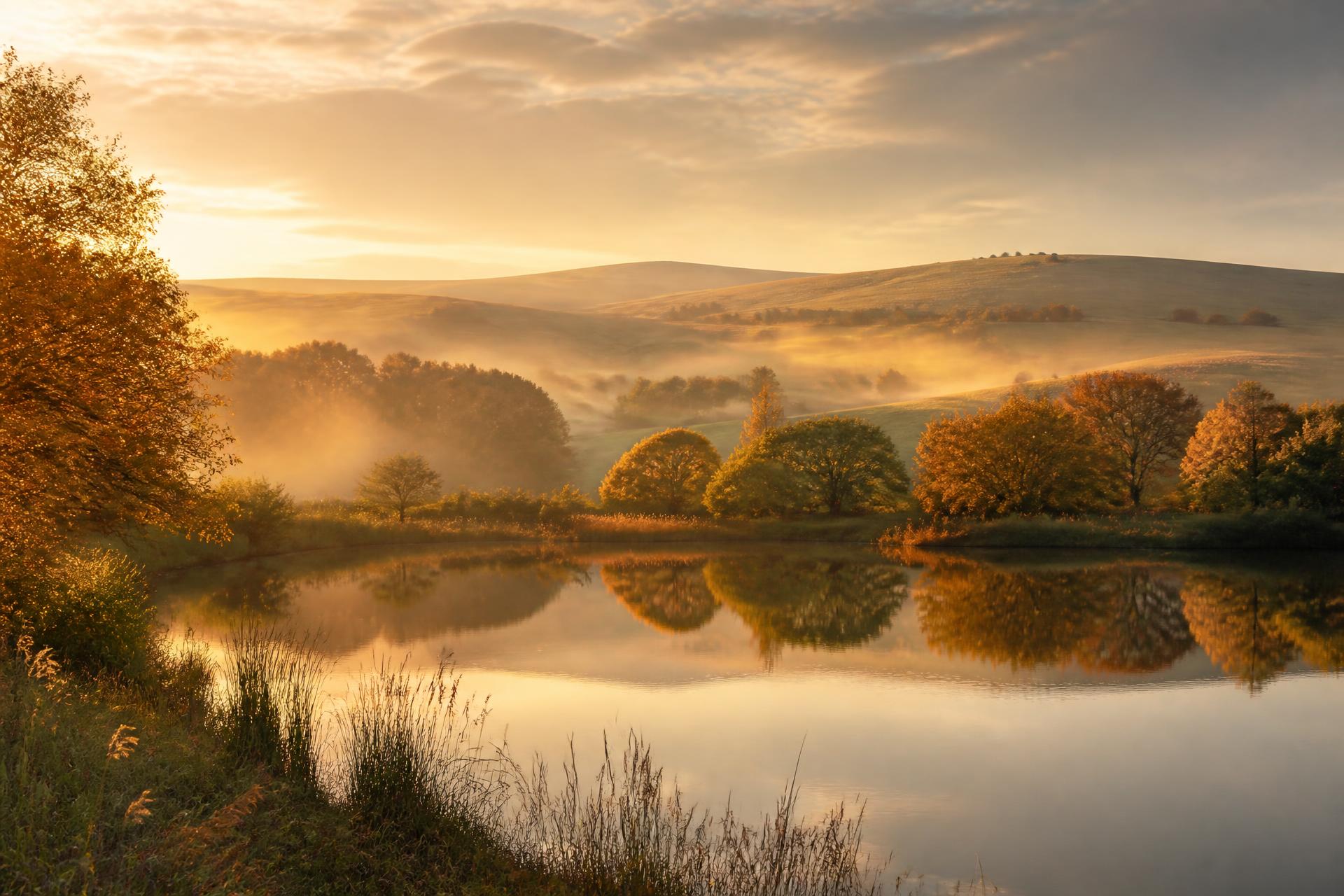 Mist rising over a still lake in the Sussex countryside at sunrise